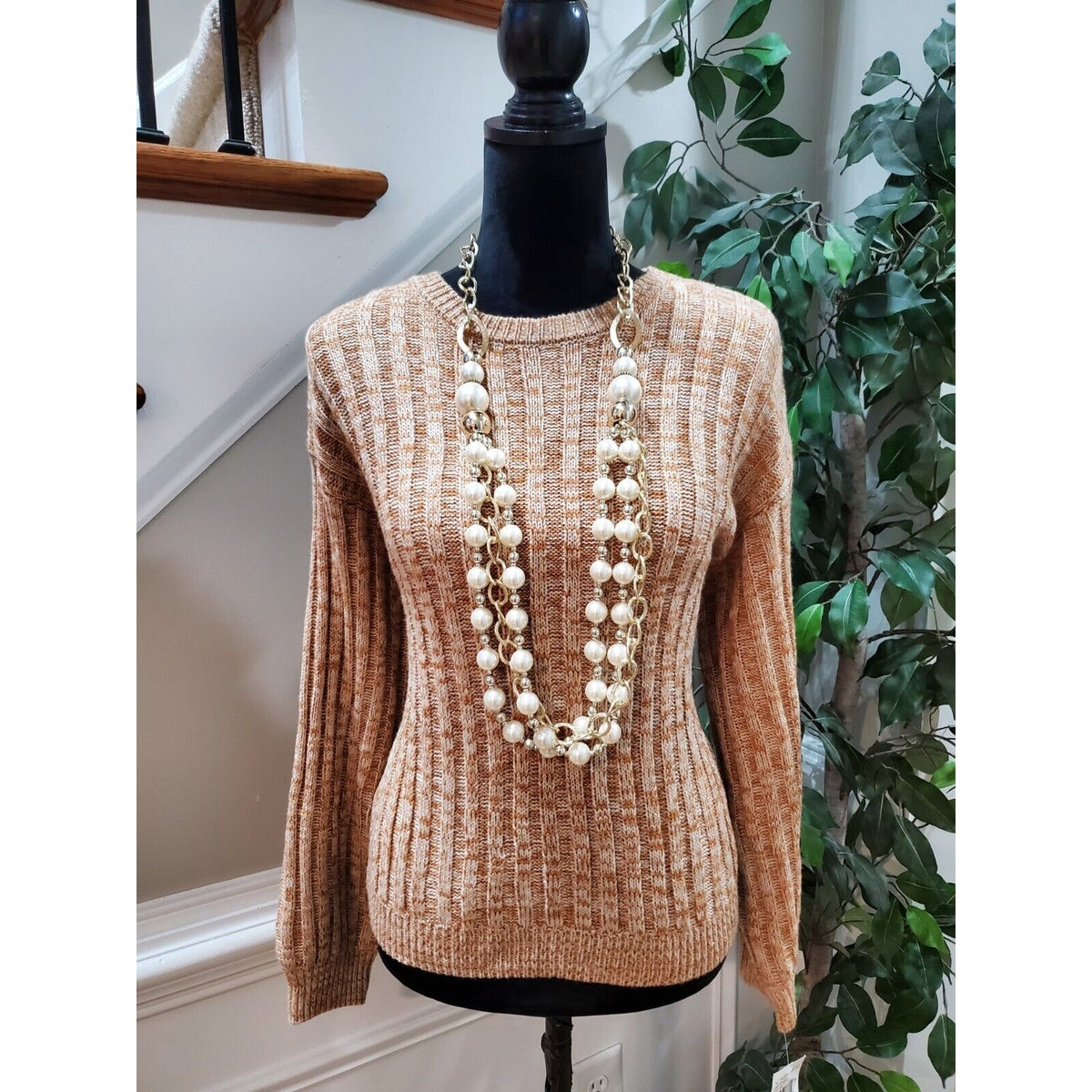 BLANKNYC Toffee Acrylic Ribbed Crewneck Long Sleeve Pullover Knit Sweater XS