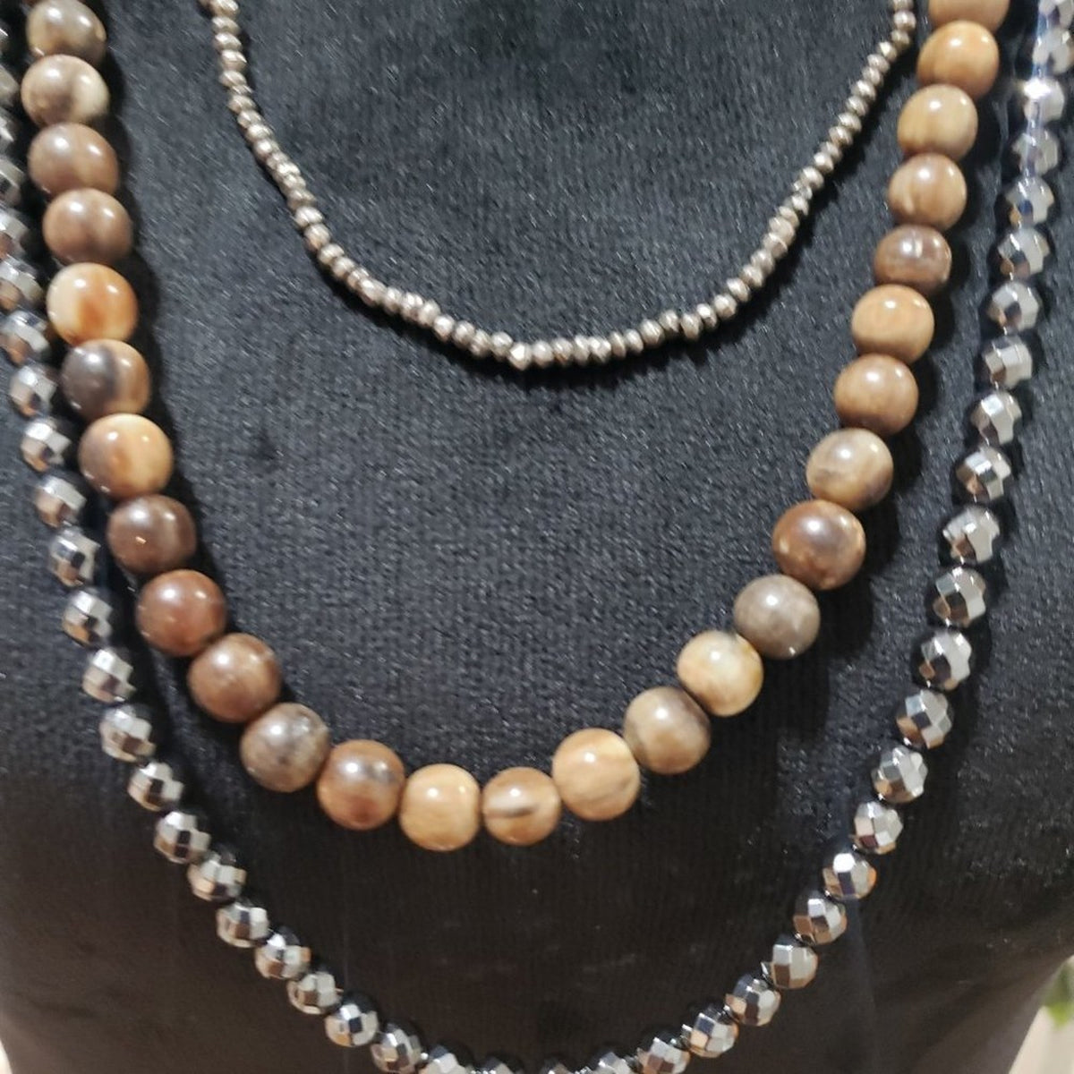 Womens Fashion Triple Strand Silver Tone Beads Brown Woooden Beads Long Necklace