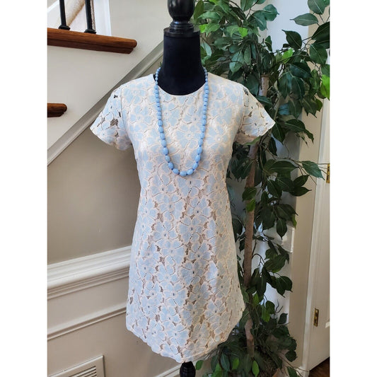 Dee Elle Blue Cream Lace Floral Short Sleeve Knee Length Shift Dress Size Small