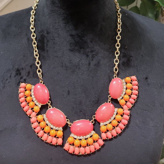 Women's Vintage Gold Tone, Pink Rhinestones & Orange Beaded Fashion Necklace