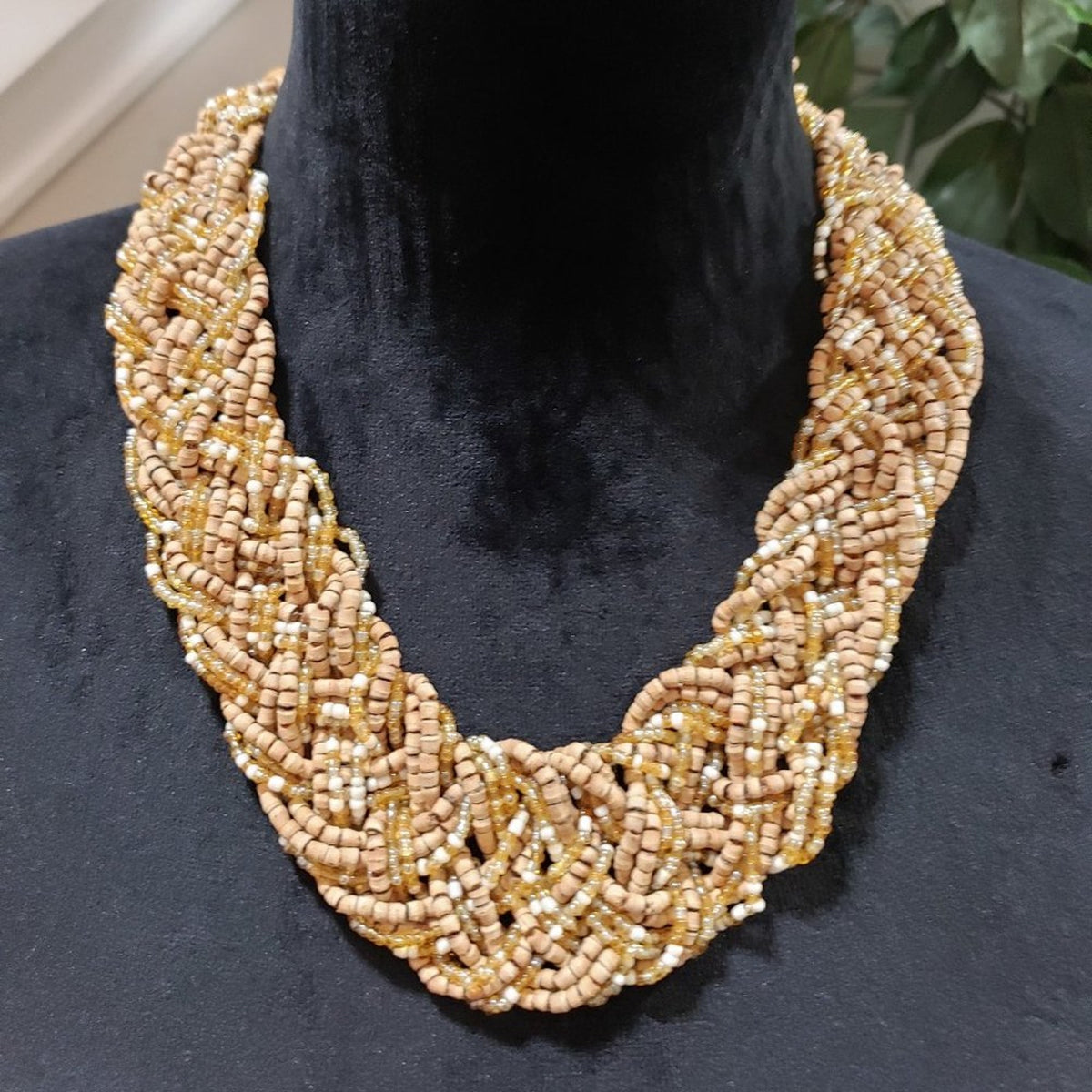 Women's Tan Peach Large Braided Seed Beads Statement Necklace