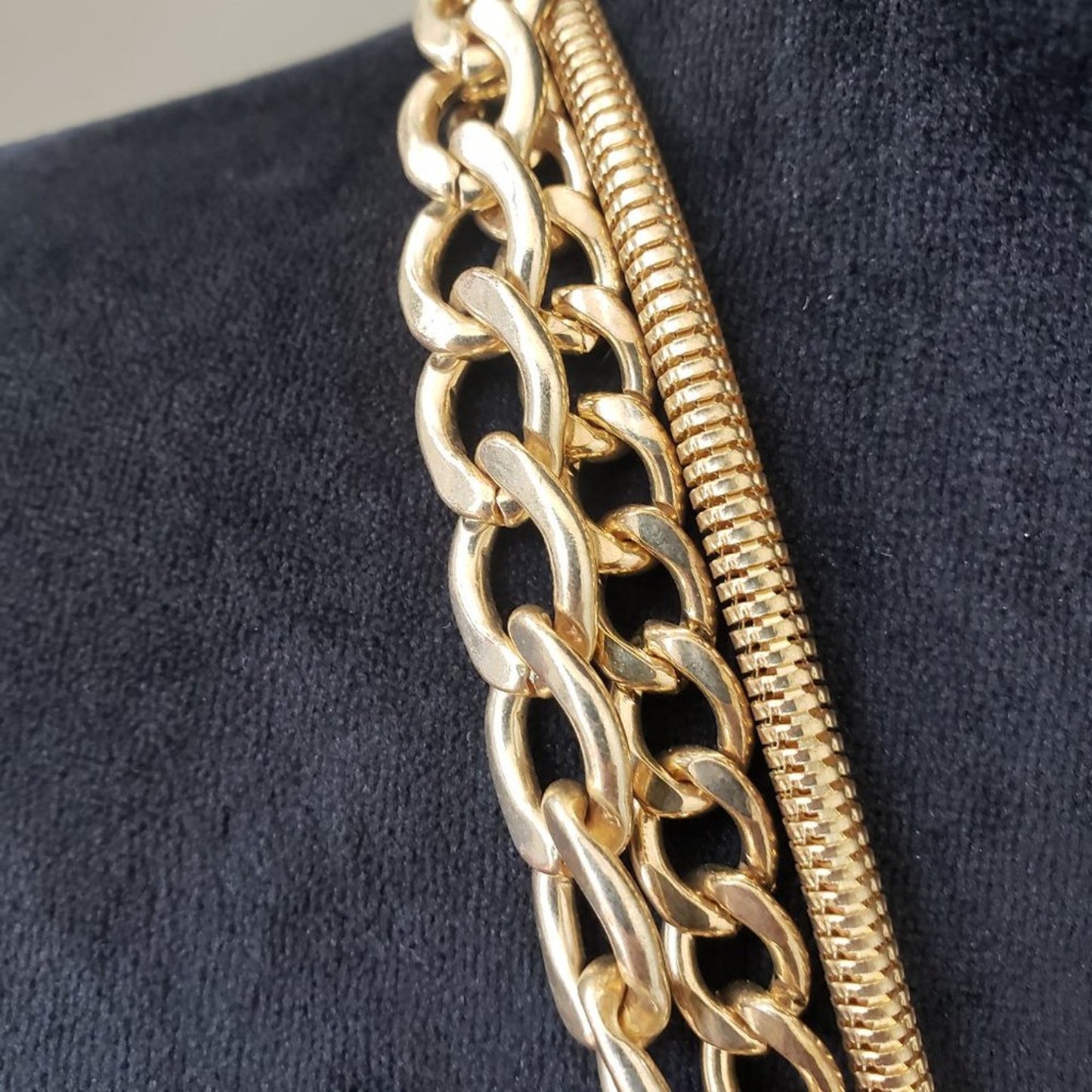 Womens Fashion Triple Layer Gold Tone Chain Collar Necklace with Lobster Clasp