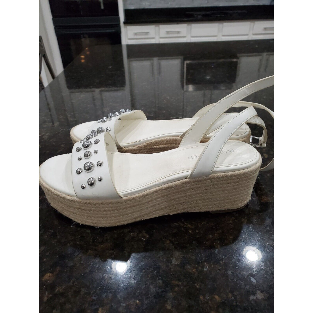Marc Fisher Joyce Silver Studded Platform Espadrille Sandals White Women Size 7M