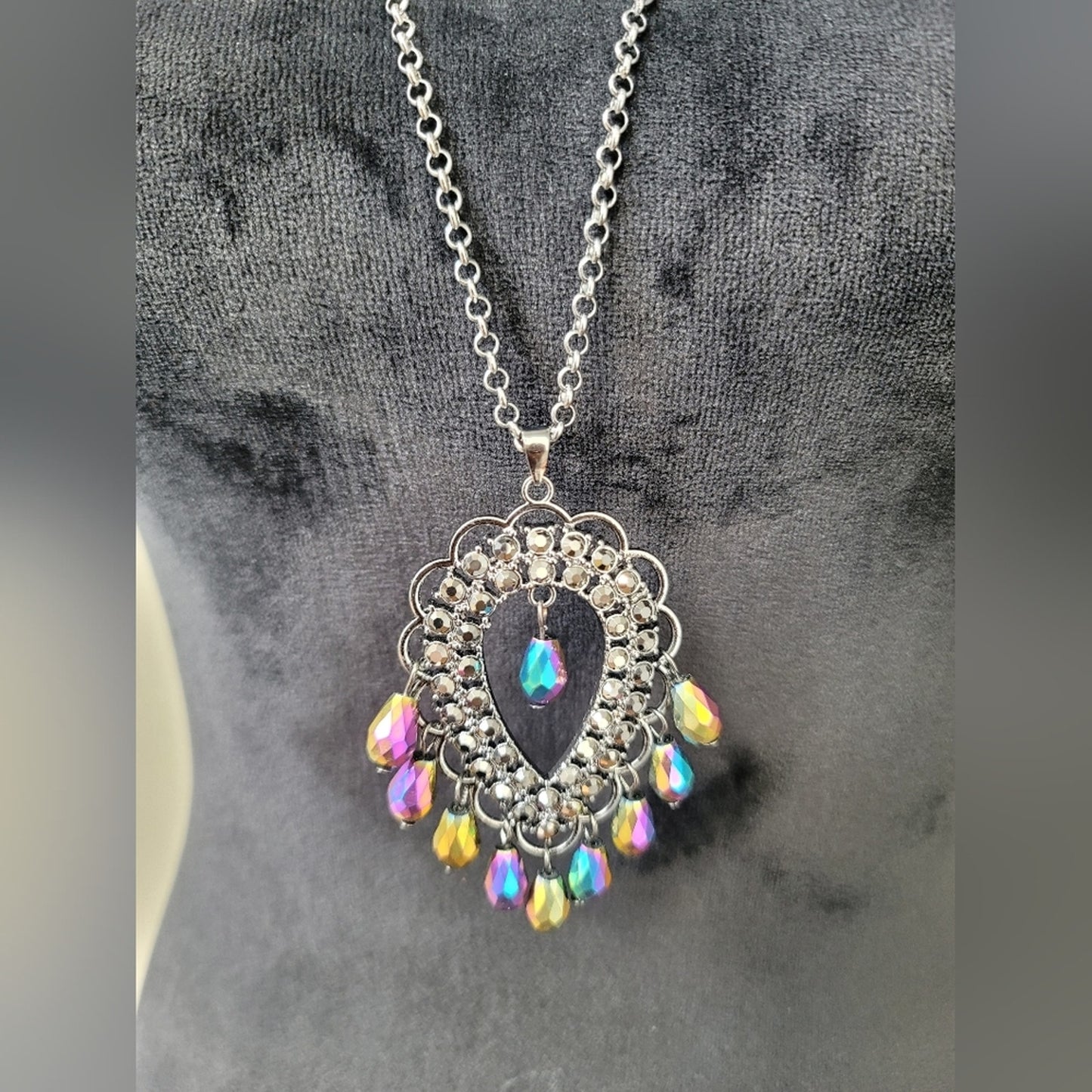 Long Pewter Iridescent Fashion Necklace
