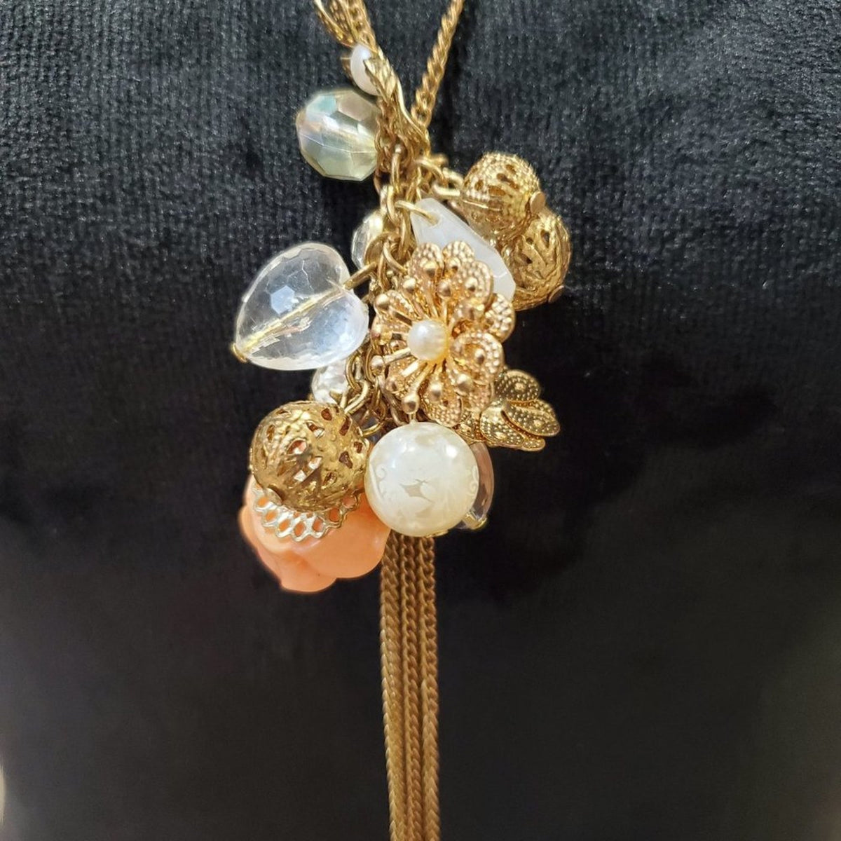 Women's Yellow Gold Round Beaded Flower Long Pendant Necklace