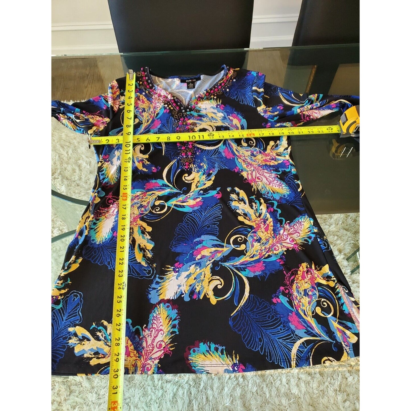 Style & Co. Women's Blue & Black Polyester V-Neck Long Sleeve Top Blouse Size L