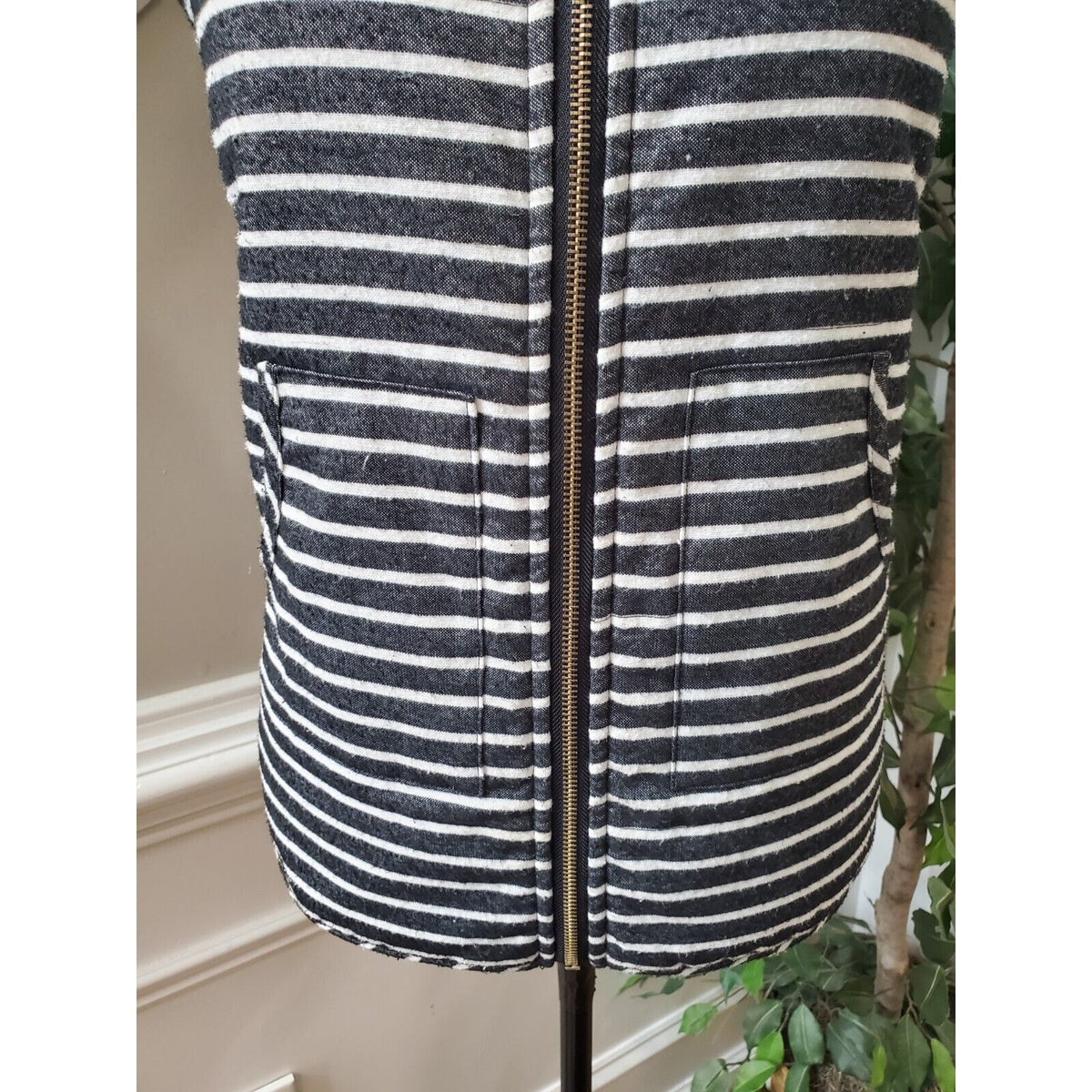 Mudpie Womens Black White Striped Polyester Sleeveless Full Zip Vest Size Large