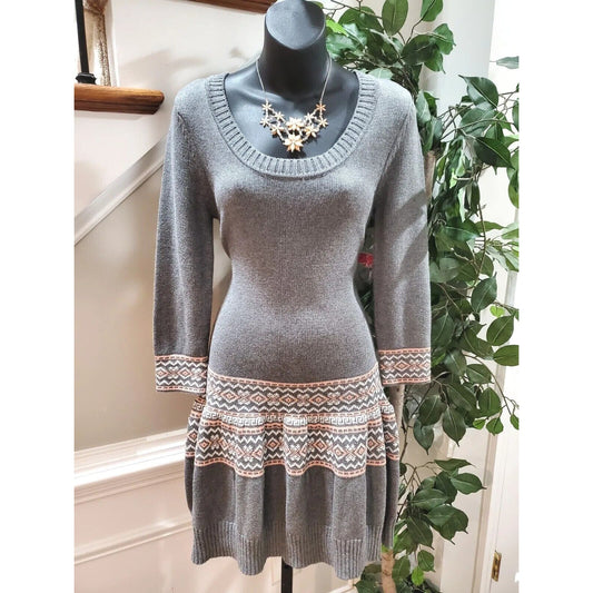 Bongo Gray Polyester Scoop Neck Long Sleeve Knee Length Casual Sweater Dress S