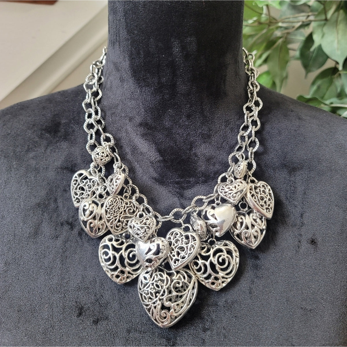 Silver Heart Double Layer Statement Necklace