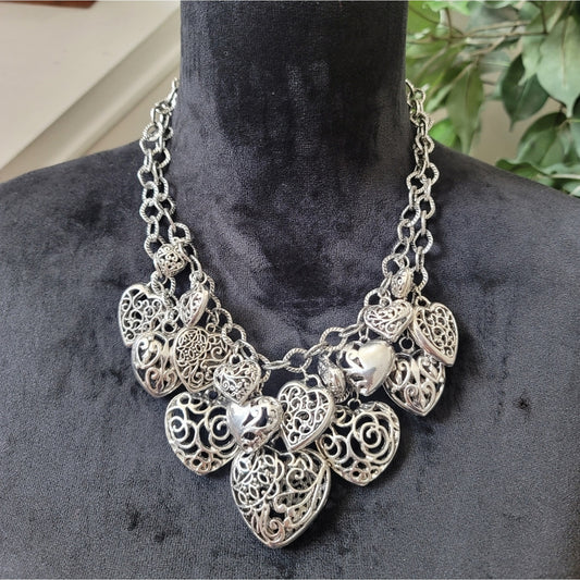 Silver Heart Double Layer Statement Necklace
