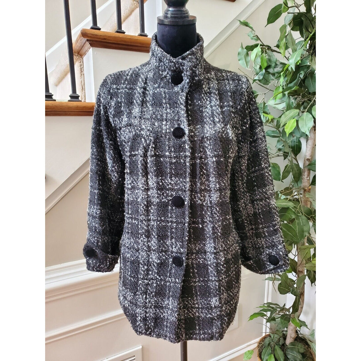 Davi Antte Women's Gray & White Plaid Long Sleeve Buttons Front Jacket Coat XL