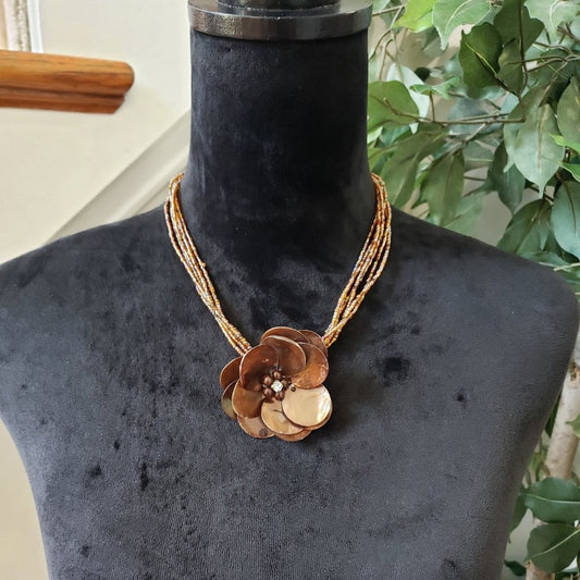 Vintage Beautiful Vintage Brown Flower and Beaded Pendant Necklace