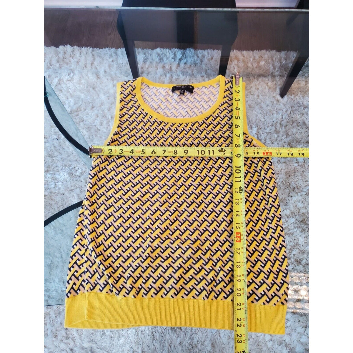 Jones New York Yellow & Black Abstract Cotton Round Neck Sleeveless Sweater M