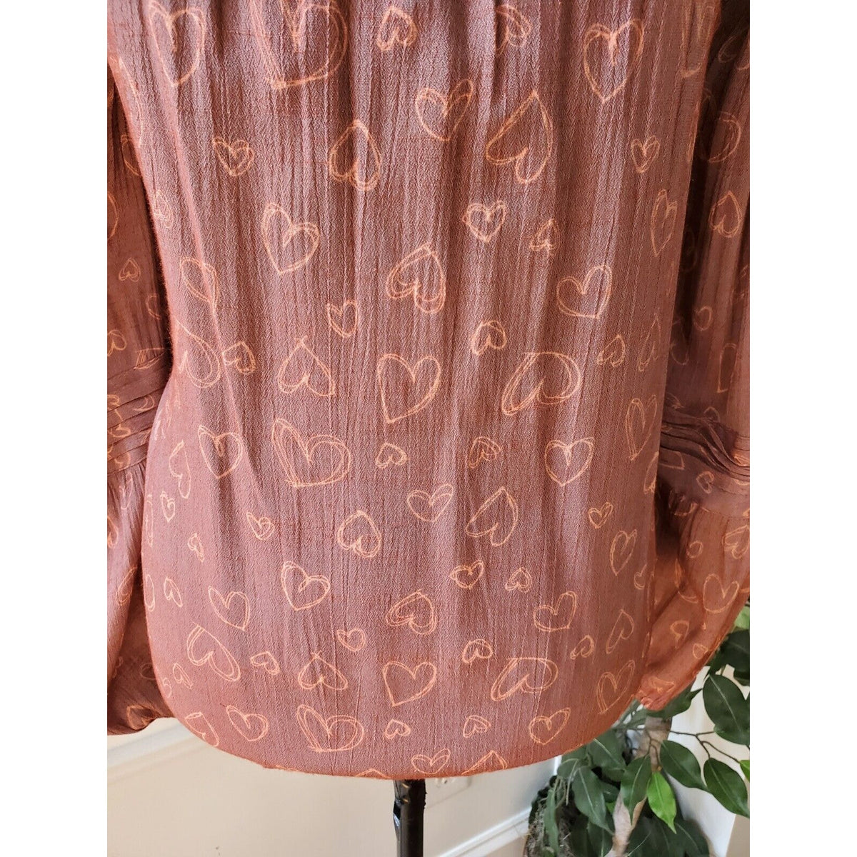 LC Lauren Conrad Square Neck Heart Print Balloon Sleeve Blouse Mauve Pink Size S