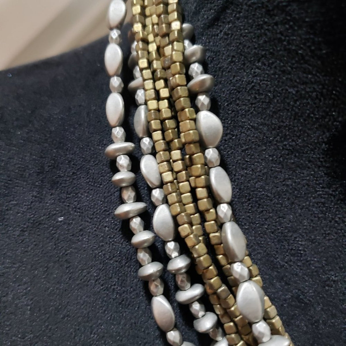 Vintage Boho Multi Strand Necklace Dark Brown Bronze & Silver Bead Choker