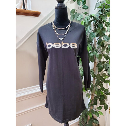 Bebe Womens Black Solid Cotton Round Neck Long Sleeve Knee Length Dress Size L/G