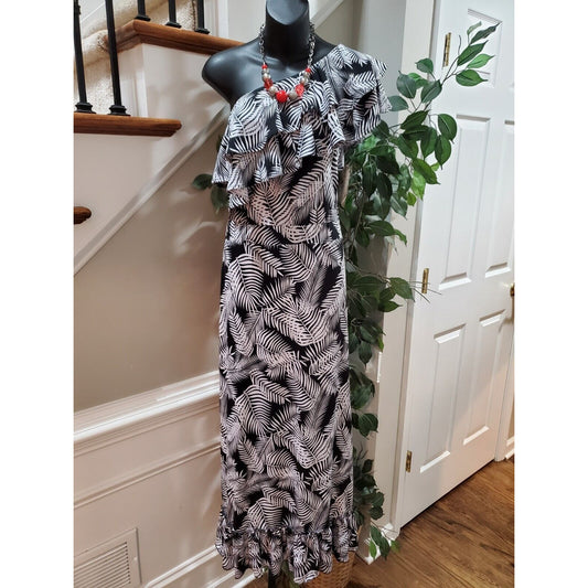 Signature Collection Womens Black White Palm Leaf One Shoulder Maxi Dress 1X
