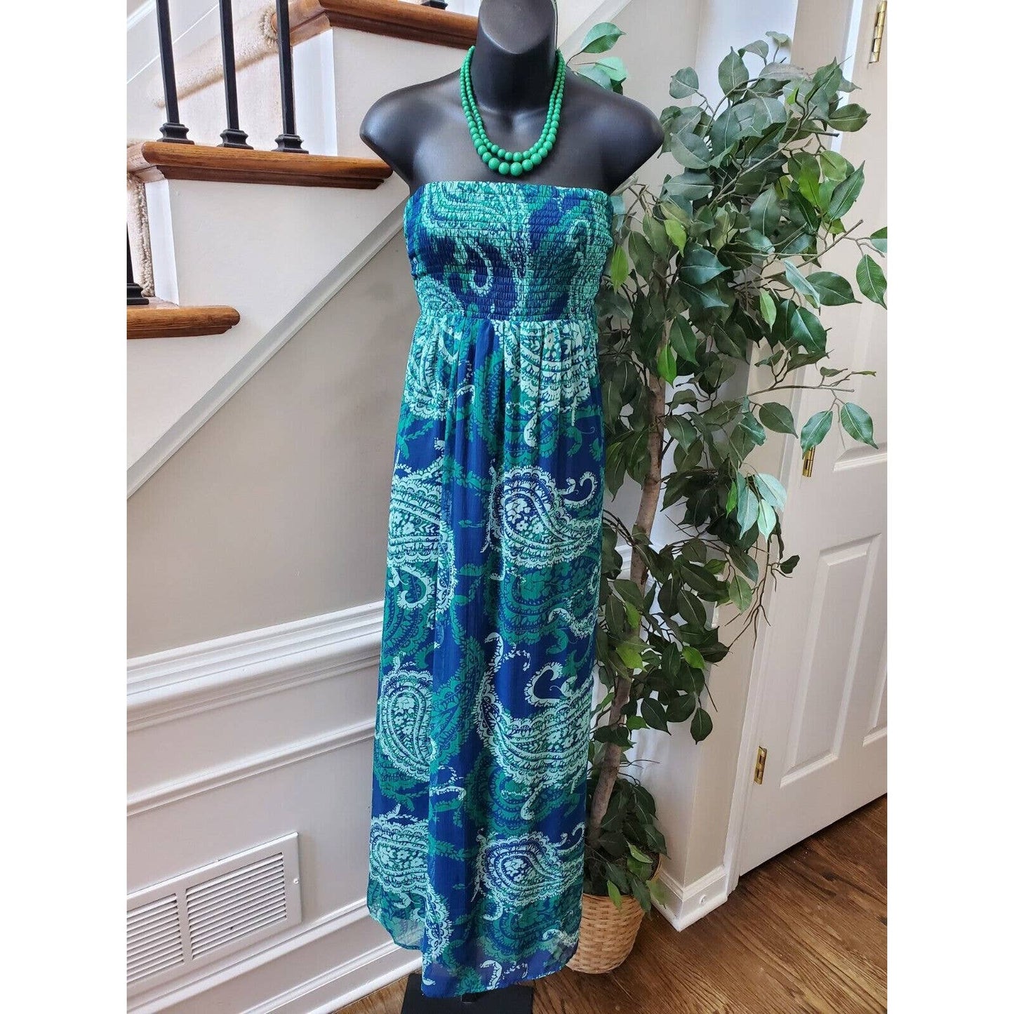 Old Navy Women's Blue & Green Polyester Off The Shoulder Long Maxi Dress Size S