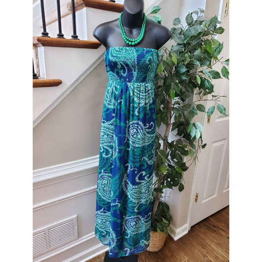 Old Navy Women's Blue & Green Polyester Off The Shoulder Long Maxi Dress Size S