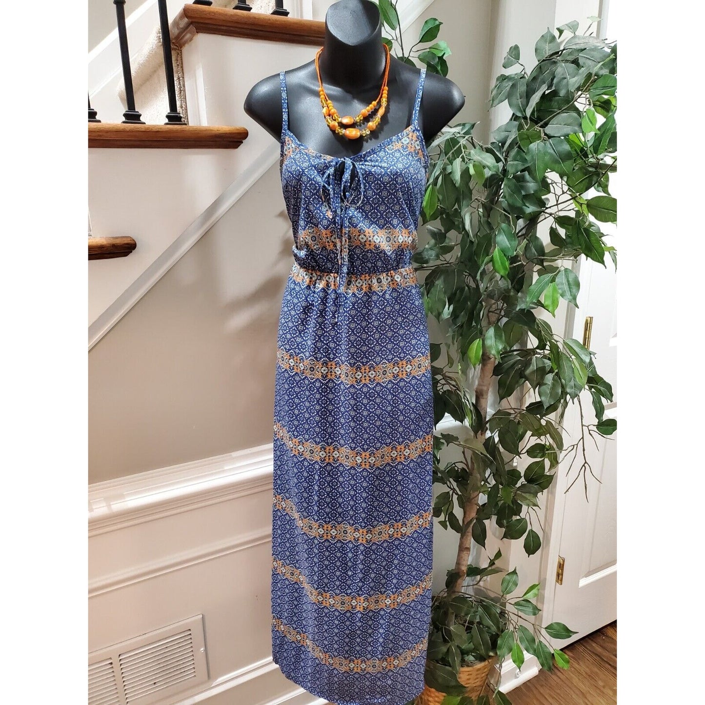 Peach Royal Women Blue Polyester Square Neck Sleeveless Casual Long Maxi Dress M