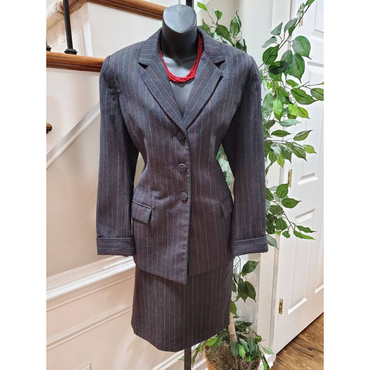 Randy Kemper Women Black Striped Wool Single Breasted Blazer & Skirt 2 Pcs Suit