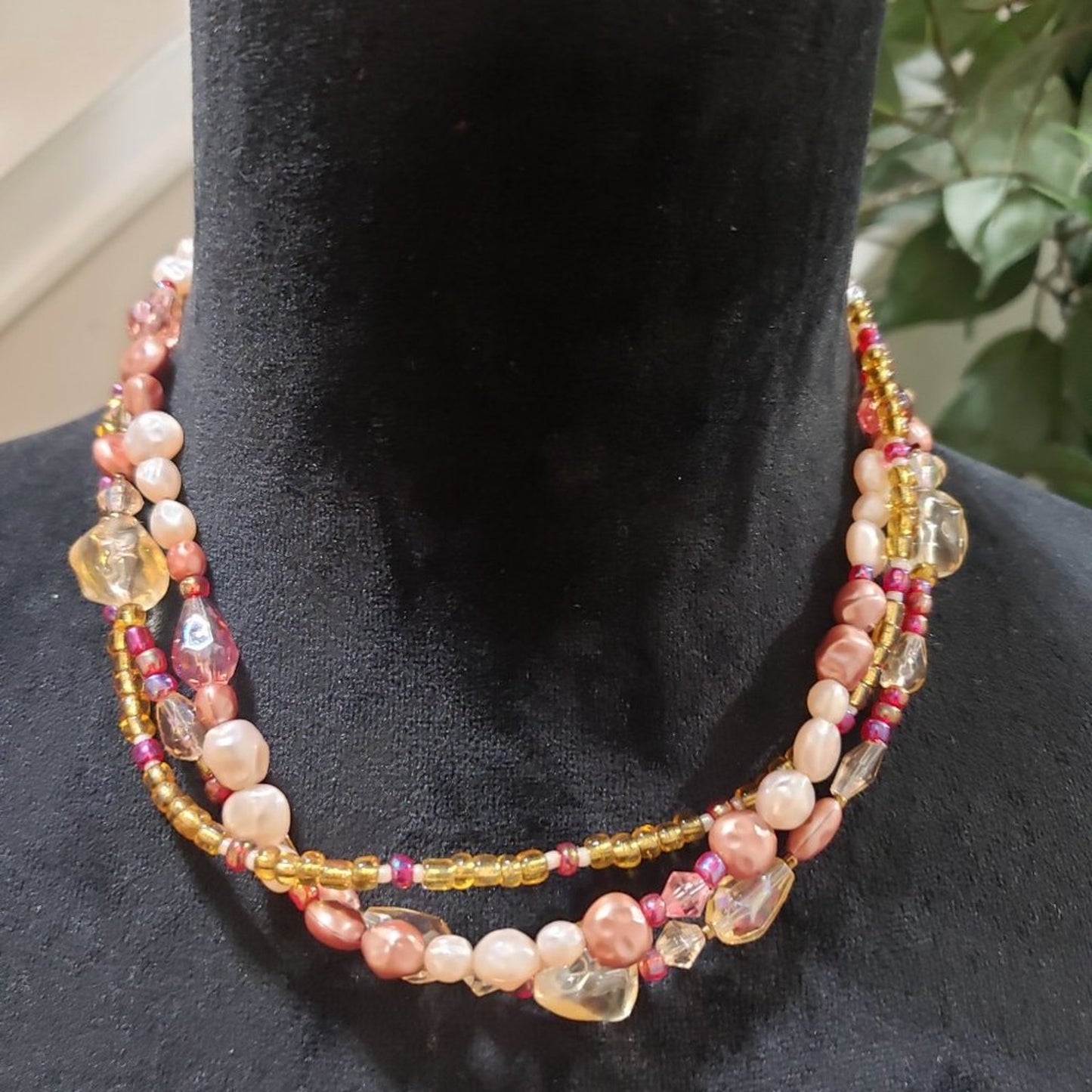 Women's Multi strand Textured Glass Bead With Crystal Stone Necklace