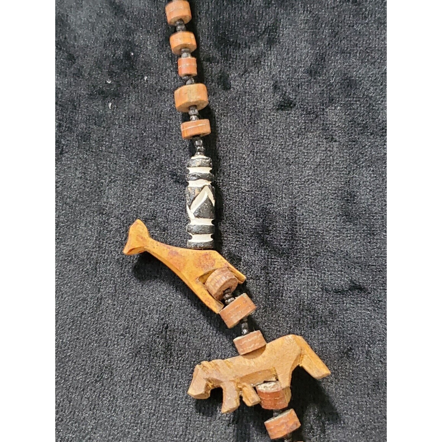 Vintage Wood Beaded Boho Necklace Tribal Animals Leopard Giraffe Tiger Lion