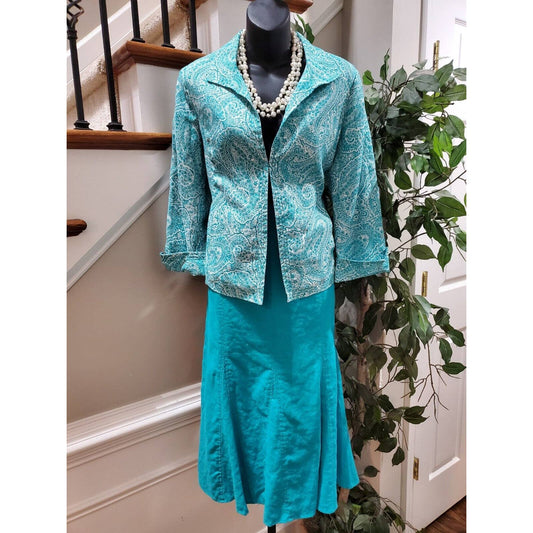 Kim Rogers Women's Blue Linen Single Breasted Jacket (M) & Long Skirt (10) Suit