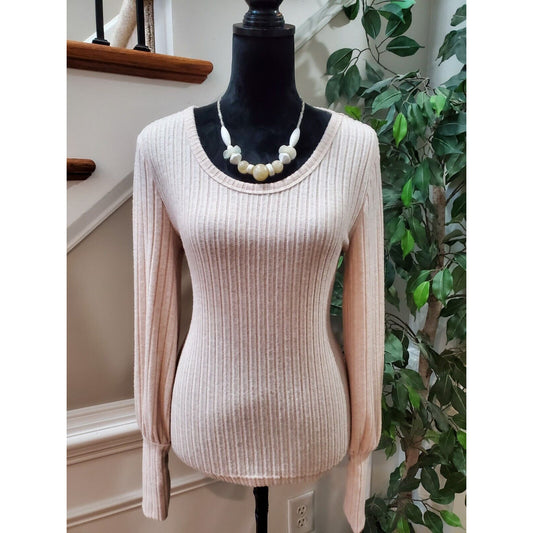 SHELN Women's Beige Polyester Long Sleeve Round Neck Pullover Knit Sweater M