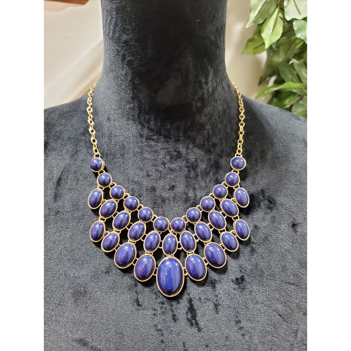 Women's Vintage Blue Rhinestone Gold Chain Statement Necklace