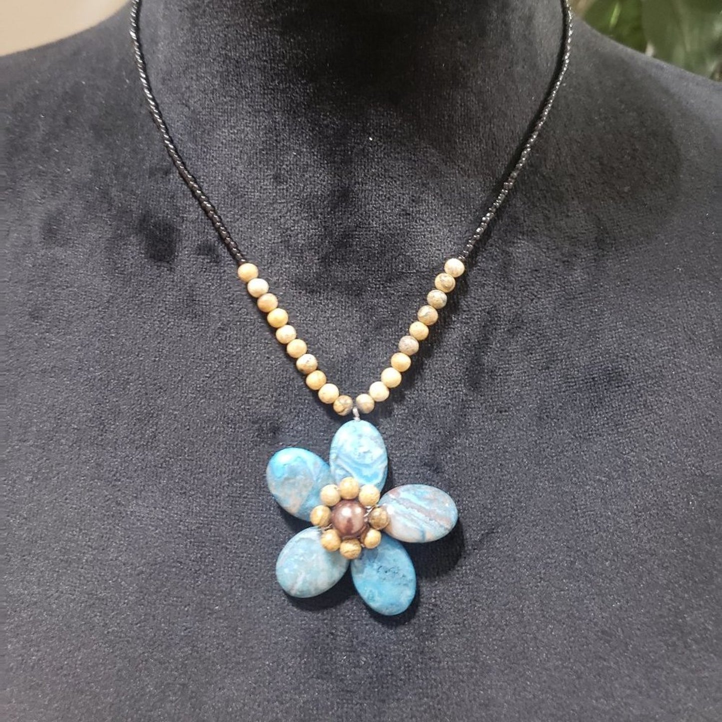 Womens Faux Pearls and Pale Light Blue Big Flower Beaded Pendant Collar Necklace
