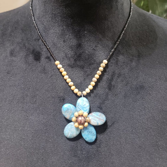 Womens Faux Pearls and Pale Light Blue Big Flower Beaded Pendant Collar Necklace