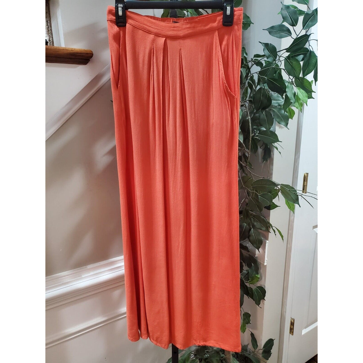Women's Orange Solid Rayon Side Pockets & Elastic Waist Long Skirt Size Small