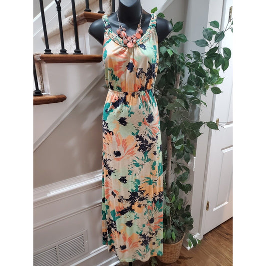Sonoma Women Blue Pink Floral Cotton Round Neck Sleeveless Knee Length Dress XS