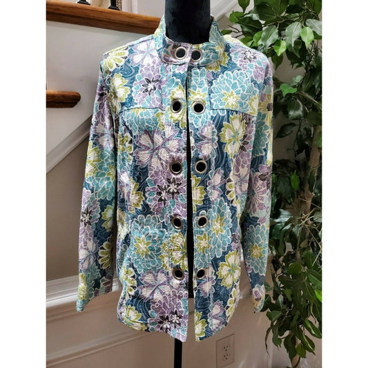Analogy Women's Multicolor Floral Cotton Long Sleeve Open Front Blazer Size 2X