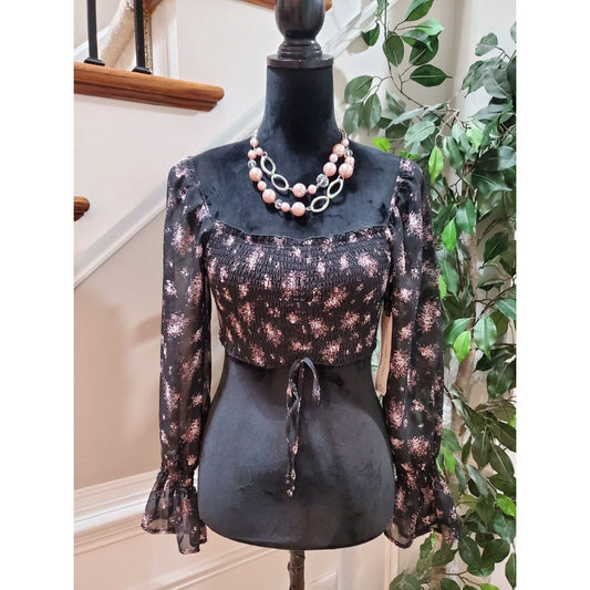 Almost Famous Women's Black Polyester Square Neck Long Sleeve Top Blouse Size XS
