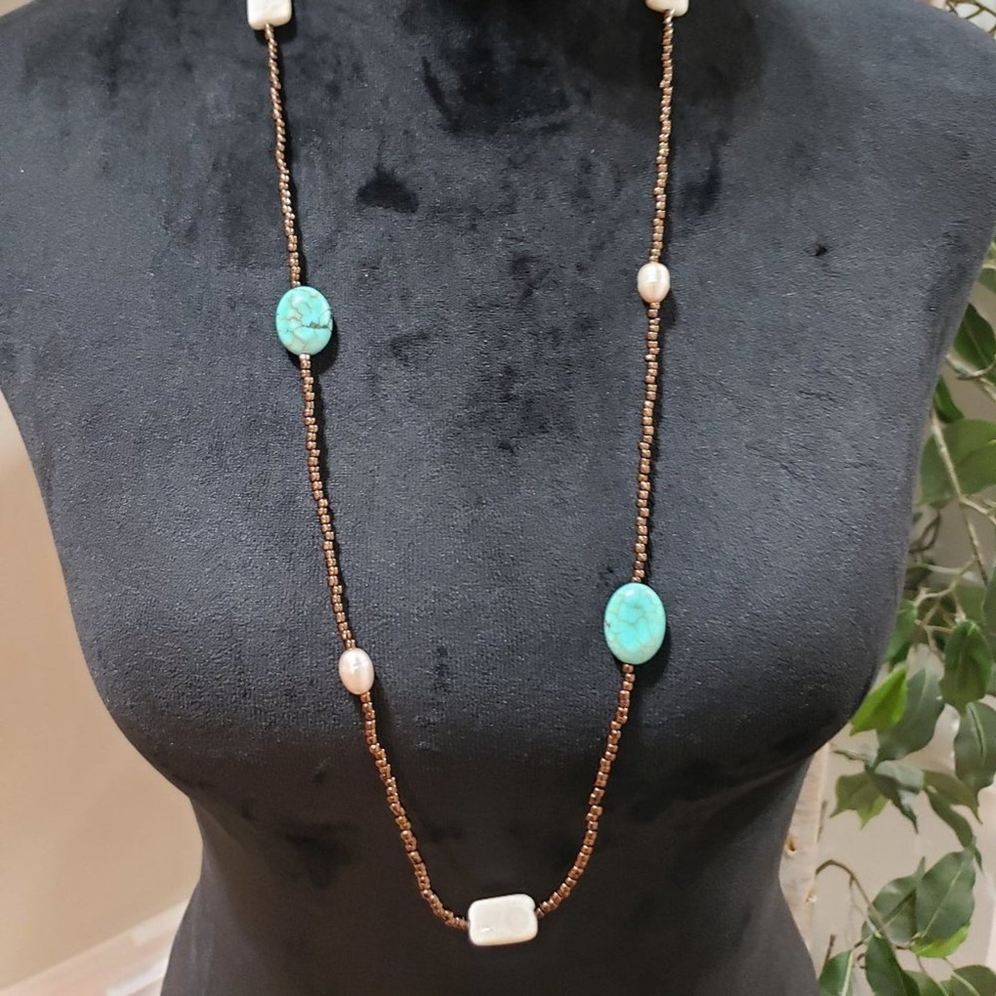 Womens Gold Tone Beads Blue Turquoise Stone Teardrop Charm Necklace