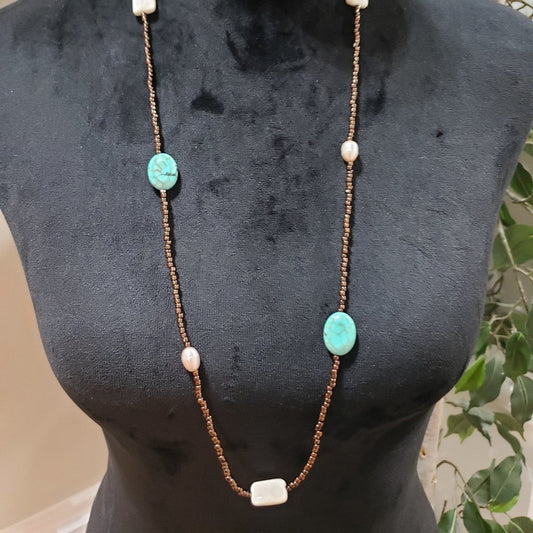 Womens Gold Tone Beads Blue Turquoise Stone Teardrop Charm Necklace