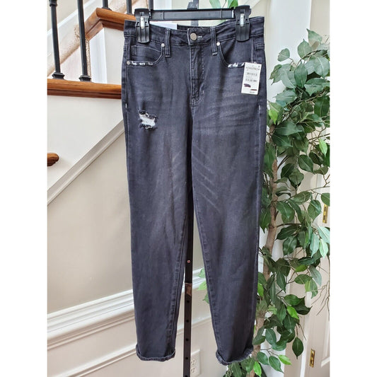 BP Distressed Women Black Denim Cotton Stretch Straight Leg Jeans Pant Size 28