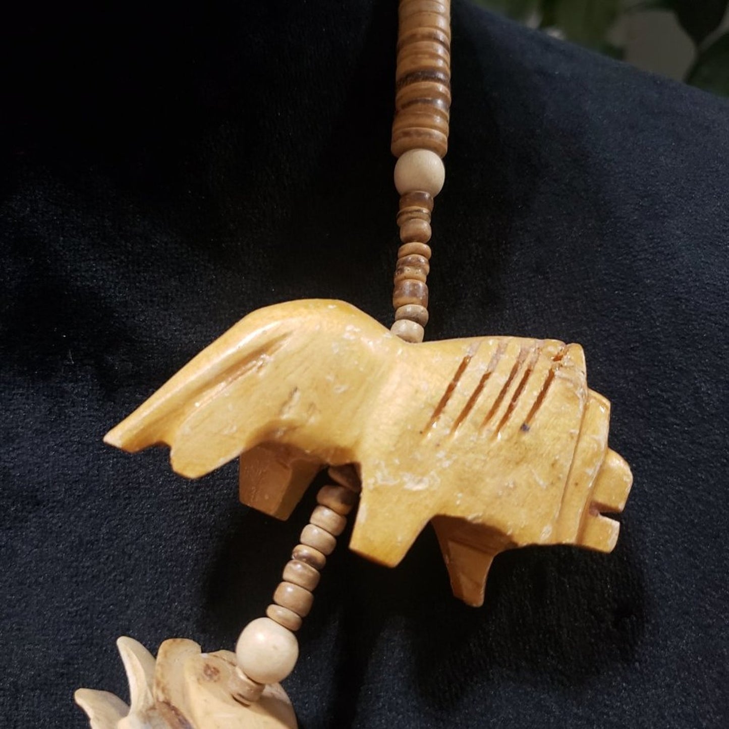 Primitive Beaded Stones Carved Bohemian Wood Lion African Safari Animal Necklace