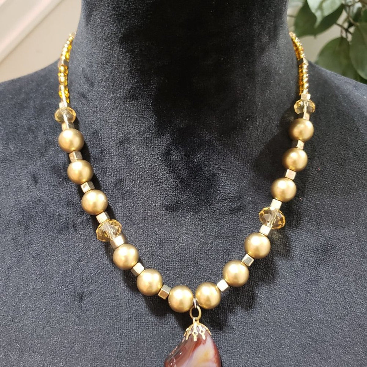 Women's Gold Pearl Wrapped Sunstone Pendant Spessartine Garnet Necklace