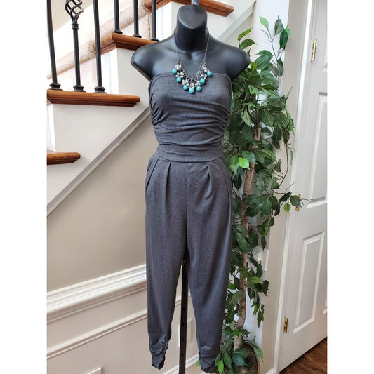 ADC Women's Gray Solid Polyester Off The Shoulder Jumpsuit With Pockets Small