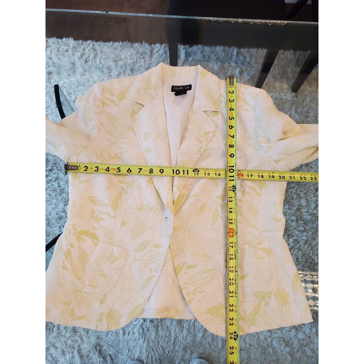 Style & Co Women White Floral Linen Long Sleeve Single Breasted Blazer Jacket 14