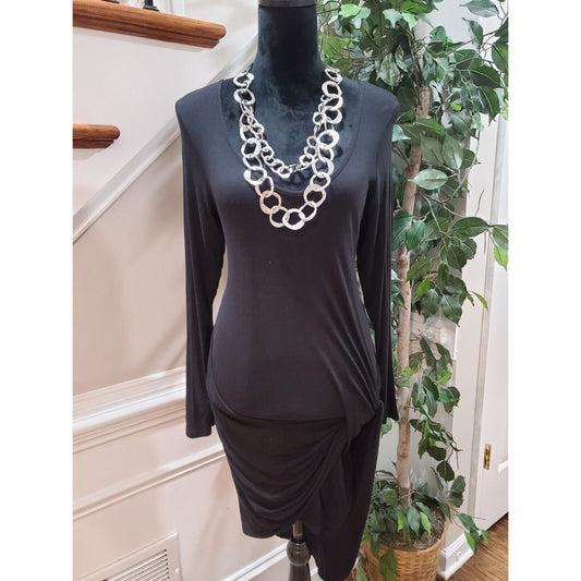 French Atmosphere Womens Black Round Neck Long Sleeve Knee Length Dress Large