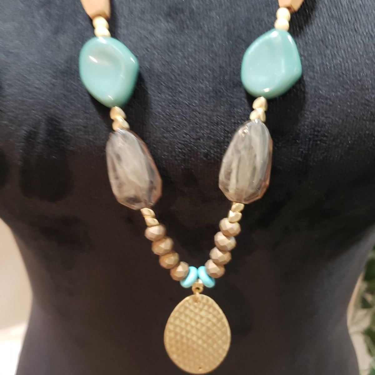 Womens Blue Rhinestone Tribal Beads Jewelry Beaded Teardrop Necklace