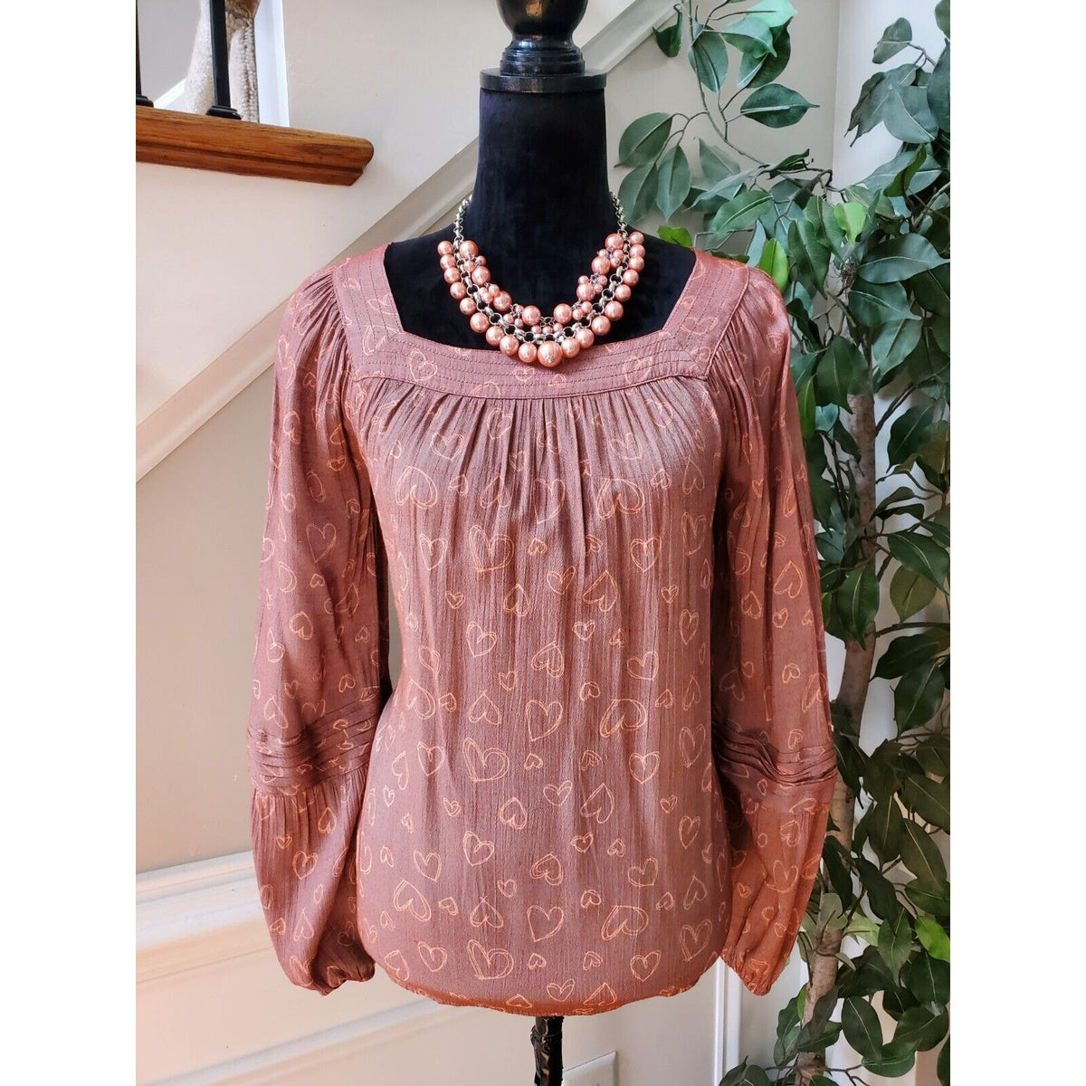 LC Lauren Conrad Square Neck Heart Print Balloon Sleeve Blouse Mauve Pink Size S