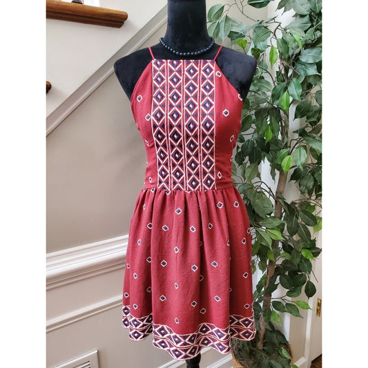 Alya Women's Maroon Polyester Square Neck Sleeveless Knee Length Dress Size M