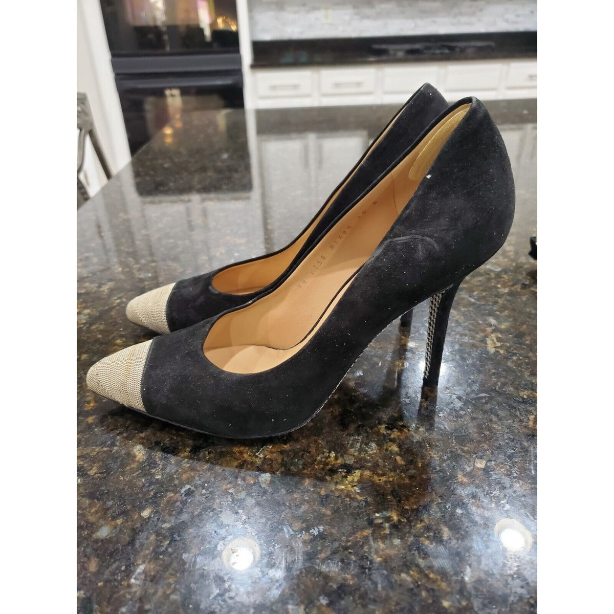 Salvatore Ferragamo Women's Black & Gold Toe More Suede Chain Cap-Toe Pumps 10