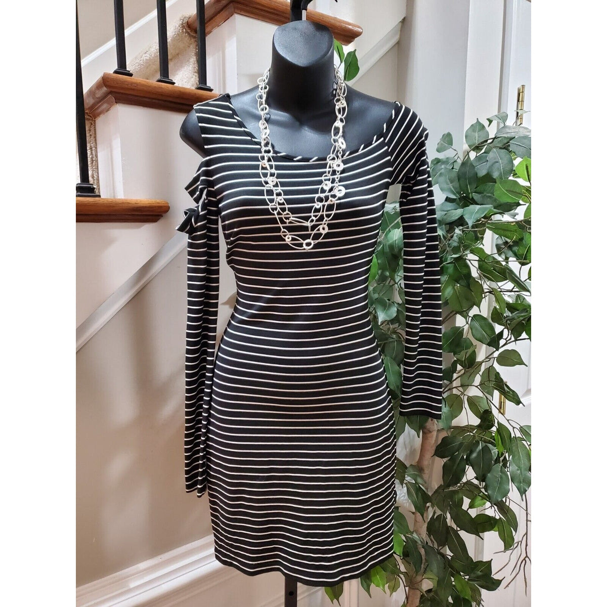 Torn by Ronny Kobo Off Shoulder Black Striped CutOut Sleeve Knee Length Dress XS