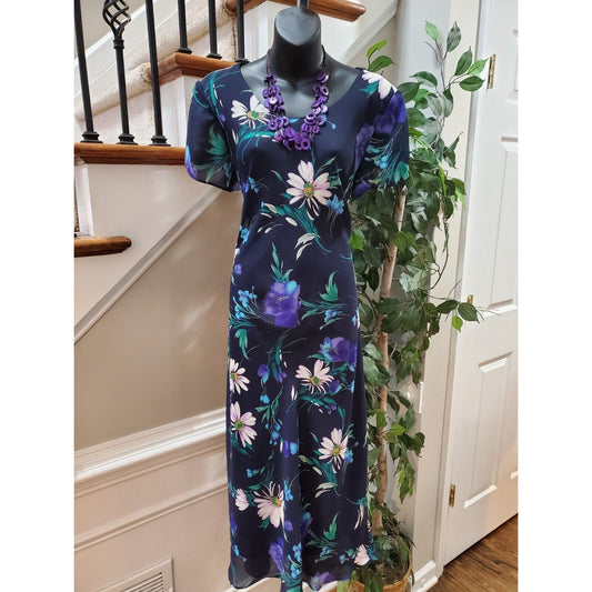 R&K Original Women's Blue Floral Round Neck Short Sleeve Long Maxi Dress Size S